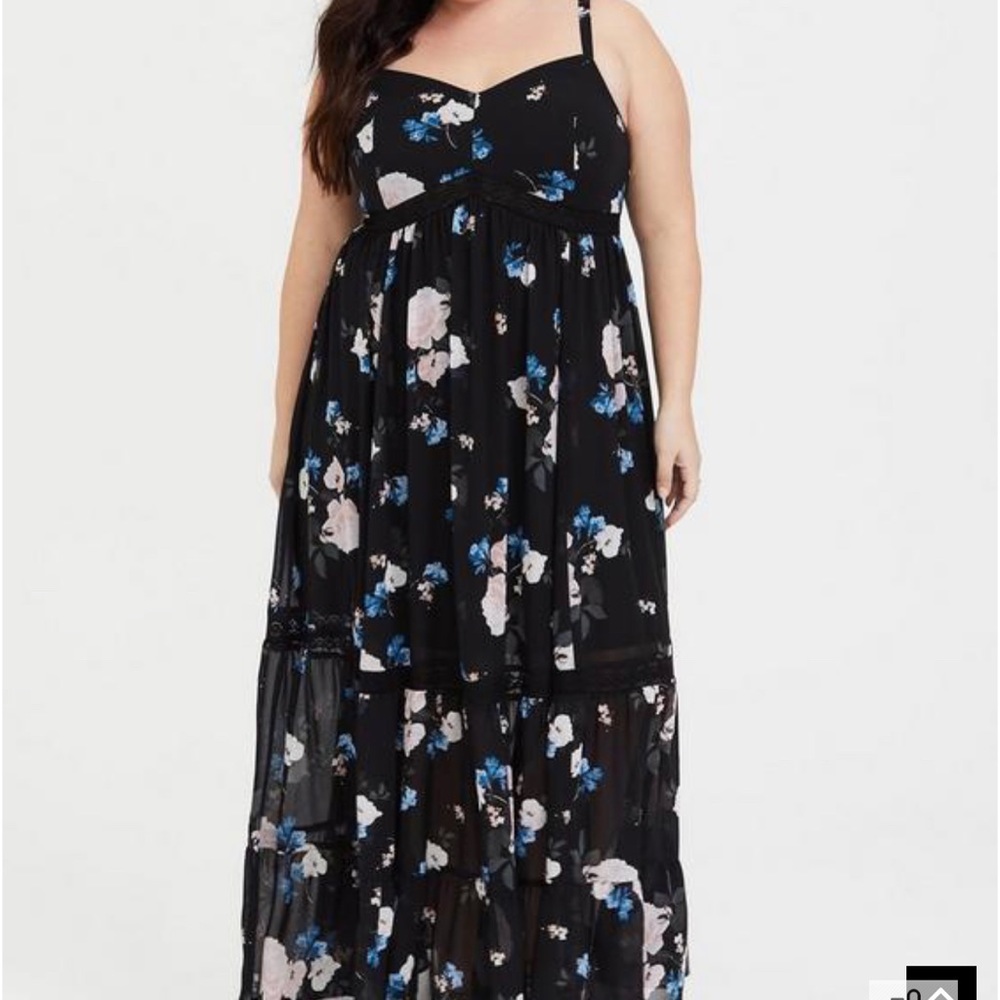Torrid - Black Floral Crochet Chiffon Maxi Dress